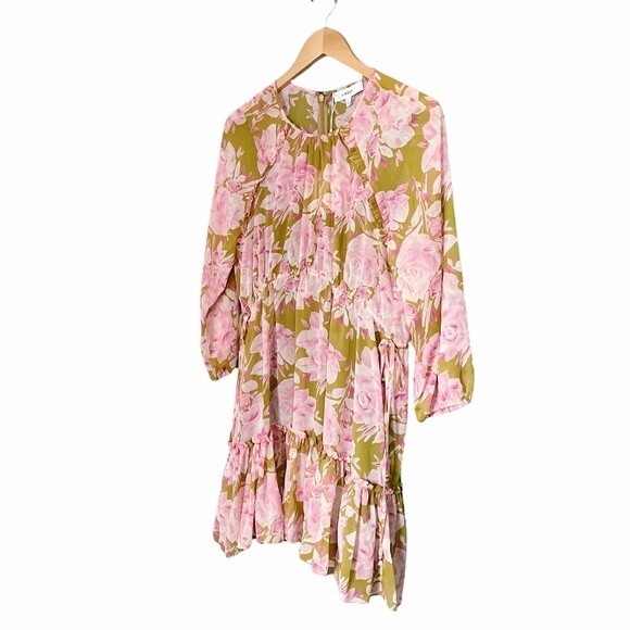 NWT Likely Dress Olive Green Pink Floral Hadi Long Sleeved Ruffled Dress Size 8 - Picture 7 of 15
